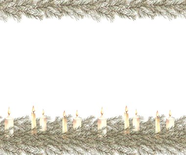 Spruce branches with burning white candles. Watercolor Christmas seamless banner. Winter clipart for greeting, festive website design, wrapping paper Hand drawn illustration Isolated from background clipart