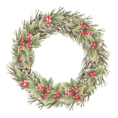 Noel çelengi dalları ve kutsal böğürtlenlerle kırmızı kış bitkisi. Gelişen kart şablonu, geleneksel şenlikli kapı dekorasyonu suluboya el çizimi arkaplandan izole edilmiş resim