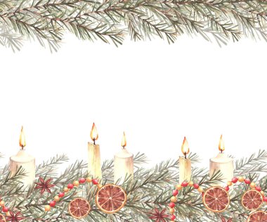 Noel ladin dalları ve eski moda mumlar. Dikensiz suluboya sancak, eski çelenk, kurutulmuş meyve baharatları, altın ve kırmızı toplar Arka plandan izole edilmiş el çizimleri