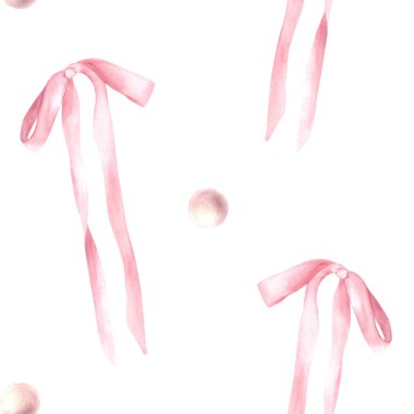 Pembe ipek yay ve gül rengi inciler. Suluboya şirin saç kurdelesi, kız eşcinsellik tarzı kumaş. Saç stilleri hediye paketleri, duvar kağıtları. El çizimi resimleme arkaplandan izole edildi