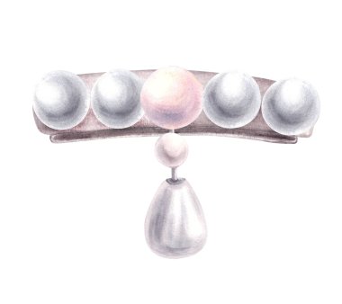 İncili saç tokası suluboya bayanlar gümüş ve gri inci rengi saç aksesuarı. Ürün etiketi için gerçekçi el çizimi ile Coquette kız unsuru, arkaplandan izole edilmiş hediye tasarımı