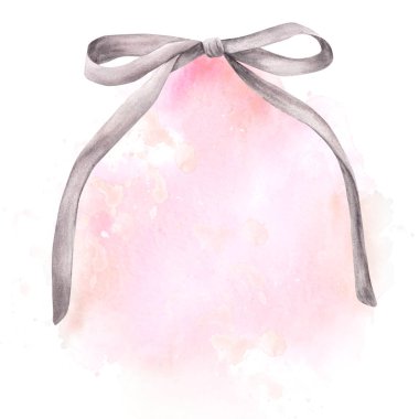 Suluboya lekeli gri fiyonk, pembe leke. Tekstil saç kurdelesi, kız coquette tarzı aksesuar ürün etiketi, davetiye, tebrik kartı. El çizimi çizimi. İzole edilmiş Clipart