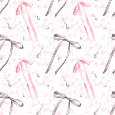 Gri kurdeleler, inci küpeli gül kurdeleleri suluboya lekesinde dikişsiz desenler pembe arka plan. Kızsal romantik tasarım, cinsel ilişki tarzı kumaş, duvar kağıdı. El çizimi izole illüstrasyon