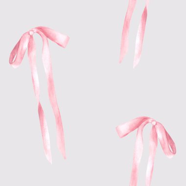 Pembe ipek yay kusursuz desen. Suluboya şirin saç kurdelesi, kız eşcinsellik tarzı kumaş. Saç fiyonku, saç stili ürün ambalajı, duvar kağıdı çizilmiş el resmi. İzole edilmiş gri arkaplana tırman