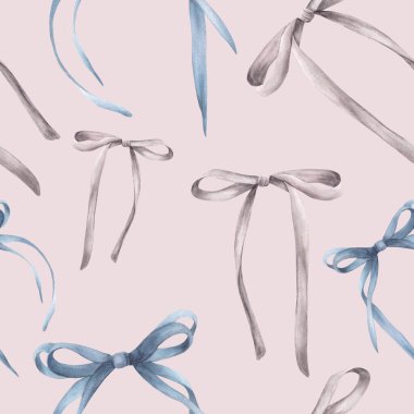 Suluboya fiyonklar ve kurdeleler kusursuz desen. Kızsal cinsel ilişki tarzı kumaş. Duvar kâğıdı için güzel mavi, gri saçlı kızlar. Paket tasarımı. El çizimi resimleme izole edilmiş pastel renkli arkaplan