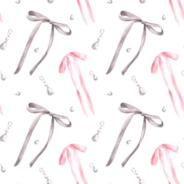 Suluboya fiyonklar, kurdeleler ve dikişsiz küpeler. Kız gibi romantik, çiftleşme tarzı kumaş. Kız pembe gri aksesuarlar. İzole edilmiş beyaz arkaplanda el çizimi duvar kağıdı paketi