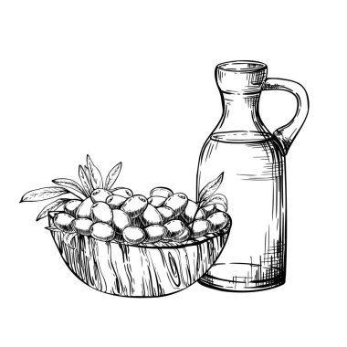 Zeytin yağlı cam şişe ve zeytin meyvesi ve yapraklı ahşap kase. Vektör çizimi. Yemek soslu sürahi. Siyah Mürekkep çizili resim çizimi arkaplandan izole