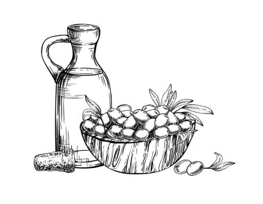Mantarlı zeytinyağlı cam şişe ve zeytin meyvesi ve yapraklı ahşap kase. Vektör çizimi. Yemek soslu sürahi. Resim çizimi arkaplandan izole edilmiş mürekkep çizgisi