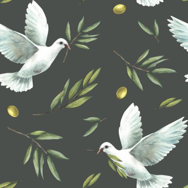 Zeytin dallı güvercin, yeşil yapraklar ve meyve meyvesi suluboya desensiz. Beyaz uçan güvercin kuşu. Düğün, vaftiz, dini kumaş için boyanmış bir illüstrasyon. İzole edilmiş koyu arkaplan
