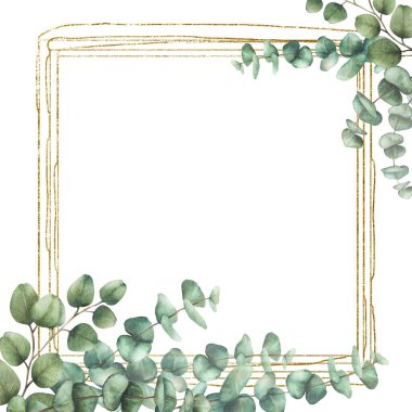 Okaliptüs yaprakları ve dalları altın çerçeveli. Suluboya el boyası çiçek çizimi. Kare çerçeve, düğün davetiyeleri için şablon, tarihi veya tebrik kartlarını kaydet. Arka plandan izole edilmiş