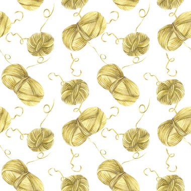 Skein of knitting thread seamless pattern. Watercolor Green yellow pastel coloured ball of yarn clipart. Hand drawn illustration in realistic style. Handmade fabric design on isolated white background clipart