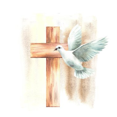 White dove with wooden cross on watercolor beige splashes, spotted background. Flying bird pigeon, symbol of peace and Christian religion. hand drawn illustration for Baptism, Easter card. Isolated  clipart