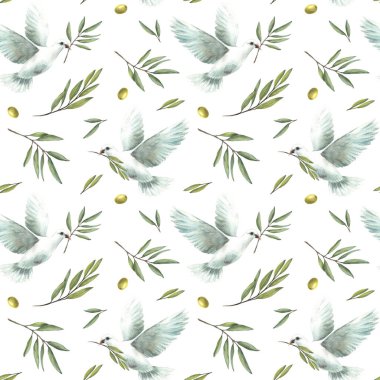 Pigeon with olive tree branch, green leaves and berries. Watercolor seamless pattern. White flying dove bird Hand drawn illustration for wedding, Baptism, religious fabric on isolated white background clipart