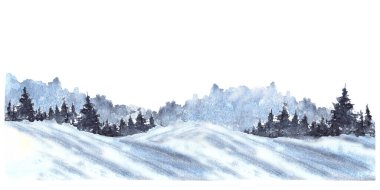 Suluboya Kış Peyzajı. Snowy Hills, Pine, köknar ağaçları ve donuk yeşil orman silueti. El çizimi suluboya çizimi. Mevsimlik tatil kartı için arka plandan izole edilmiş