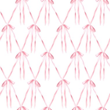 Pembe ipek yay kusursuz desen. Suluboya saç kurdelesi, elmas kafes dizaynlı dişi coquette tarzı kumaş. Kızsal ürün ambalajı, duvar kağıdı. İzole edilmiş beyaz arkaplanda el çizimi çizimi