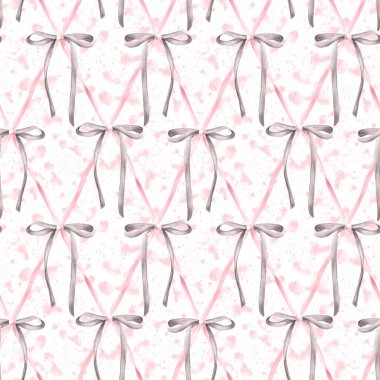 Sulu boya lekeleri üzerinde pürüzsüz gri yay desenleri gül arkaplanı. Şirin pembe inci saç kurdelesi, elmas kafes dizaynlı kız kumaşı. Kız tarzı. El çizimi resimleme izole edildi.