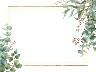 Okaliptüs bitkisi ve altın çerçeveli çıngıraklı çiçek dalı. Suluboya çiçekli dikdörtgen şablon. Yuvarlak yaprakları ve pembe tomurcukları olan yeşil dallar. El çizimi resimleme arkaplandan izole 