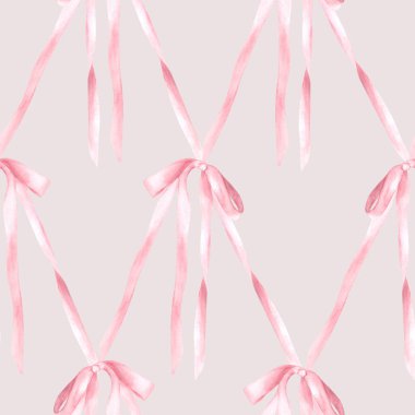 Pembe ipek yay kusursuz desen. Tatlı suluboya saç kurdelesi, elmas kafes dizaynlı kız eşcinsellik tarzı kumaş. Kızsal ürün ambalajı. El çizimi resimleme izole edilmiş pastel renkli arkaplan