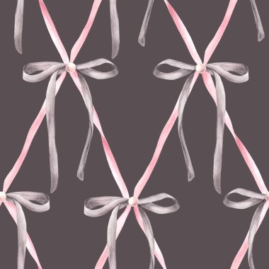 Pembe gri fiyonk pürüzsüz desen. Tatlı suluboya saç kurdelesi, elmas kafes dizaynlı kız eşcinsellik tarzı kumaş. Kızsal ürün ambalajı, duvar kağıdı. El çizimi resimleme izole edilmiş koyu arkaplan