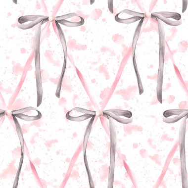 Sulu boya lekeleri üzerinde pürüzsüz gri yay desenleri gül arkaplanı. Şirin pembe inci saç kurdelesi, elmas kafes dizaynlı kız kumaşı. Kız tarzı. El çizimi resimleme izole edildi.