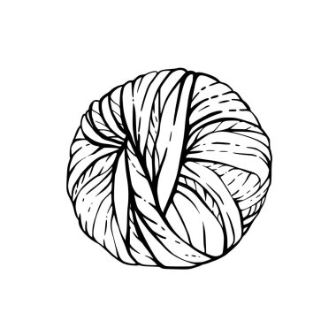 İplik yumağı. Yuvarlak örgü ipliği. Vektör siyah çizgili el çizimi çizimi. El sanatları için el yapımı malzemelerin tasarımı için tırman, arka plandan izole edilmiş hobi örgü ürünü