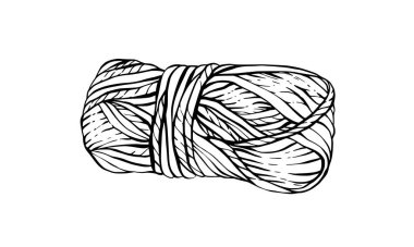 Örgü ipliği kabuğu, iplik yumağı. Vektör siyah çizgili el çizimi çizimi. El yapımı tasarım için tırman, el sanatları için malzeme ambalajı, arka plandan izole hobi örgü