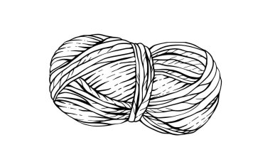 Örgü ipliği kabuğu, iplik yumağı. Vektör siyah çizgili el çizimi çizimi. El yapımı tasarım için tırman, el sanatları için malzeme ambalajı, arka plandan izole hobi örgü