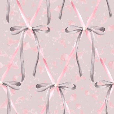 Sulu boya üzerindeki gri yay desenleri pastel renkli arka plana sıçrıyor. Pembe inci saç kurdelesi kız kumaşı elmas kafes tasarımı, ambalaj eli izole çizimi