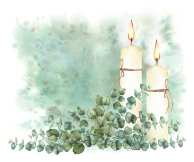 Okaliptüs ile mum yakmak, suluboya yeşil arkaplandaki gümüş dolarlık bitki dalları. İlk komünyon, vaftiz töreni, düğün kartı için dini bir el çizildi. İzole illüstrasyon 