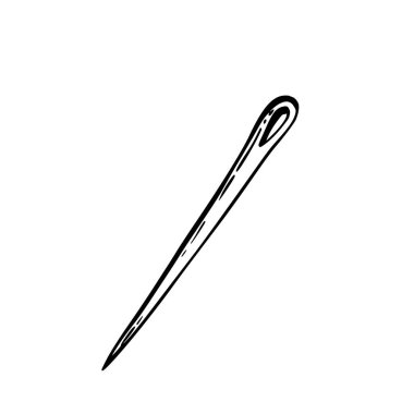 Dikiş iğnesi. Siyah çizgi sanat vektörü illüstrasyonu. Hobi eşyası, dikiş, nakış, çelik iğnesi. Hobi günlükleri, etiketleme, logo, çıkartma tasarımı için el çizimi klip arkaplanından izole edildi.