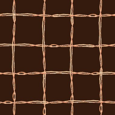 Damalı, pürüzsüz patent. Çapraz jüt ipleri, düğümleri ve döngüleri olan geometrik baskılar. El, suluboya resimlerini çizmiş. İzole edilmiş koyu arkaplan üzerindeki kumaş, ambalaj, masa örtüleri için süs