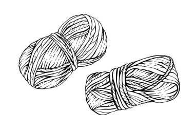 Örgü iplikleri, iplik yumakları. Vektör siyah çizgili el çizimi çizimi. El yapımı ürün tasarımı için tırman, el sanatları için ambalaj, arka plandan izole edilmiş hobi örgü etiketi