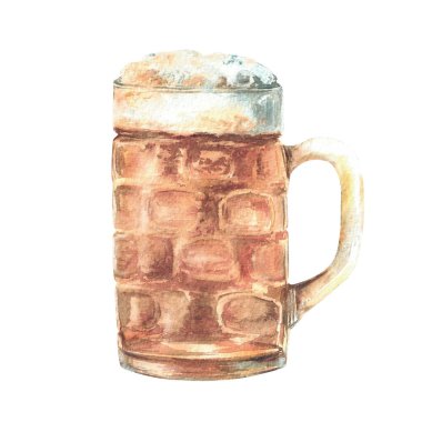 Köpüklü bir kupa bira. Oktoberfest bayram Bavyera festivalinde kitleler ya da litre bira, yarım litre bira, geleneksel içecek, içecek. Resimli suluboya el resmi arkaplandan izole edilmiş.