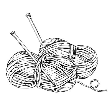 Örgü ipliği derileri, örgü iğneli iplik topları. Vektör siyah çizgili el çizimi çizimi. Arka plandan izole edilmiş el yapımı ürün etiketi tasarımı için hobi örgü düzeneği