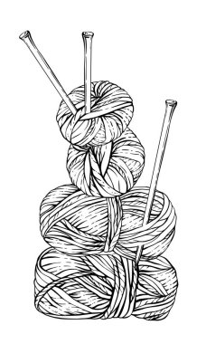 Örgü ipliği derileri, örgü iğneli iplik topları. Siyah çizgili vektör çizim çizimi. Arka plandan izole edilmiş el yapımı ürün etiketi için hobi örgü klibisi