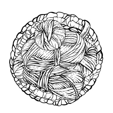 Örgü ipliği derileri, örülmüş hasır sepetin içindeki iplik yumağı. Vektör siyah çizgili el çizimi çizimi. Hobi örgü klipsi. Arkaplandan izole edilmiş el işi etiketi, logo, etiket