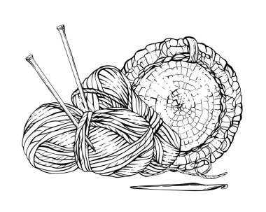 Hobi örgü vektör klipsi. Şırıngalarla örgü iplikleri örülmüş hasır sepetin içinde iplik yumağı. El işi etiketleme, kart, etiket için el çizimi çizimi. Arka plandan izole edilmiş