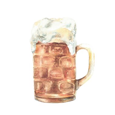 Köpüklü bir kupa bira. Yarım litre bira, el yapımı bira. Geleneksel içki, Oktoberfest festivalinde içecek, bar, bar menüsü. Kart için suluboya el çizimi, arkaplandan izole edilmiş el ilanı.