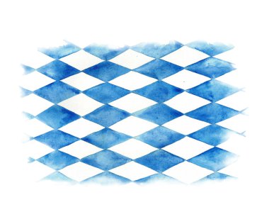 Beyaz arkaplanda mavi eşkenar dörtgen. Oktoberfest geleneksel Bavyera süsü. Suluboya el çizimi çizimi. Bavyera bayrağındaki tasarım unsurları. Hediyelik eşya, kart baskısı için izole bir yer..