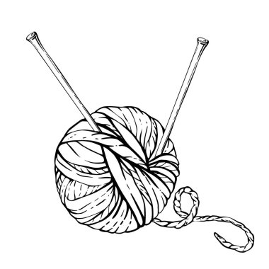 Örgü iğneli yün yumağı. Örgü ipliği, vektör siyah çizgili çizim çizimi. Arka plandan izole edilmiş el yapımı ürün etiketi tasarımı için hobi örgü düzeneği