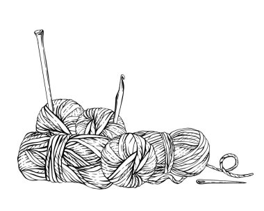 Örgü iplikleri, örgü iğneleri ve iğneleriyle iplik topları. Hobi örgü vektör çizimi. El yapımı ürün etiketi için el çizimi sanat klipsi, kart. Arka plandan izole edilmiş