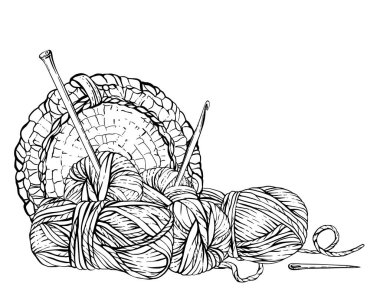 Şırıngalarla örgü ipliği derileri, örülmüş hasır sepetin içindeki iplik yumağı. Hobi örgü vektör çizgisi sanat klibi. El işi kartı, etiket için el çizimi illüstrasyon. Arka plandan izole edilmiş