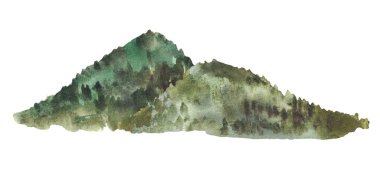 Suluboya ormanlı dağlar, tepeler, manzara tasarımı için uzak ağaçların siluetleri. Yeşil, kahverengi doğa dağ manzarası. Kartpostalınız için arkaplandaki resimlerden izole edilmiş elle çizilmiş