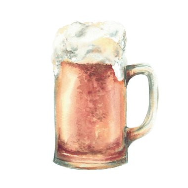 Hafif bira ve köpüklü bira bardağı. Kitleler ya da litre bira, yarım litre bira, geleneksel Ekim Festivali Almanya Bavyera bayramı içeceği. Suluboya resim. Kart, arka plandan izole edilmiş etiket