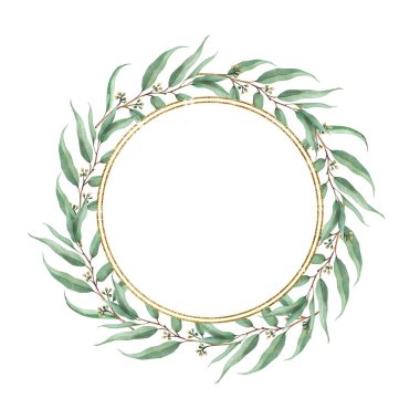 Okaliptüs tohumlu bitki çelengi. Yeşil dalları, yaprakları ve tomurcukları olan suluboya altın daire çerçevesi. Düğün için el çizimi yuvarlak şablon, tebrik kartı Arka plandan izole Clipart 