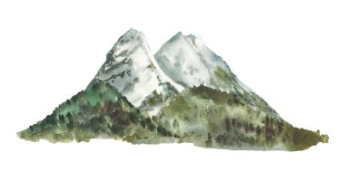 Almanya 'daki Zugspitze Dağı manzarası. Suluboya dağ zirveleri, kayalar ve orman tepeleri, Bavyera arazi kartı için uzak ağaç siluetleri, seyahat posterleri. El çizimi izole illüstrasyon