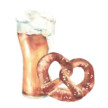 Krakerli bir bardak bira. Köpüklü içecekler ve tuzlu Alman bretzel atıştırmalıkları. Oktoberfest 'te Bavyera' daki suluboya el çizimi illüstrasyon aperatifi menü için beyaz bir bölümde izole edilmiş.