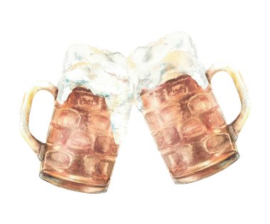 Sulu köpüklü iki tost bardağı suluboya resim içiyor. Yarım litre bira, el yapımı bira. Oktoberfest festivalinde geleneksel içecek, bar, bar. Kart ve el ilanı için el çizimi izole Clipart.