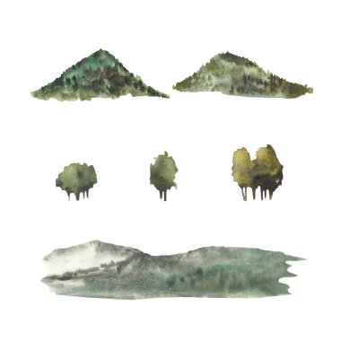 Suluboya ormanlı dağlar, tepeler, manzara tasarımı için uzak ağaçların siluetleri. Yeşil, kahverengi peyzaj elementleri ayarlandı. Kart baskısı için arkaplandan izole edilmiş el çizimi.