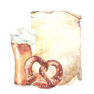 Bir bardak biraya karşı simit, bir parça kağıt. Köpüklü alkol ve atıştırmalık bira bahçesi menüsü. Tuzlu Alman birası. Oktoberfest 'te çizilen suluboya el resmi